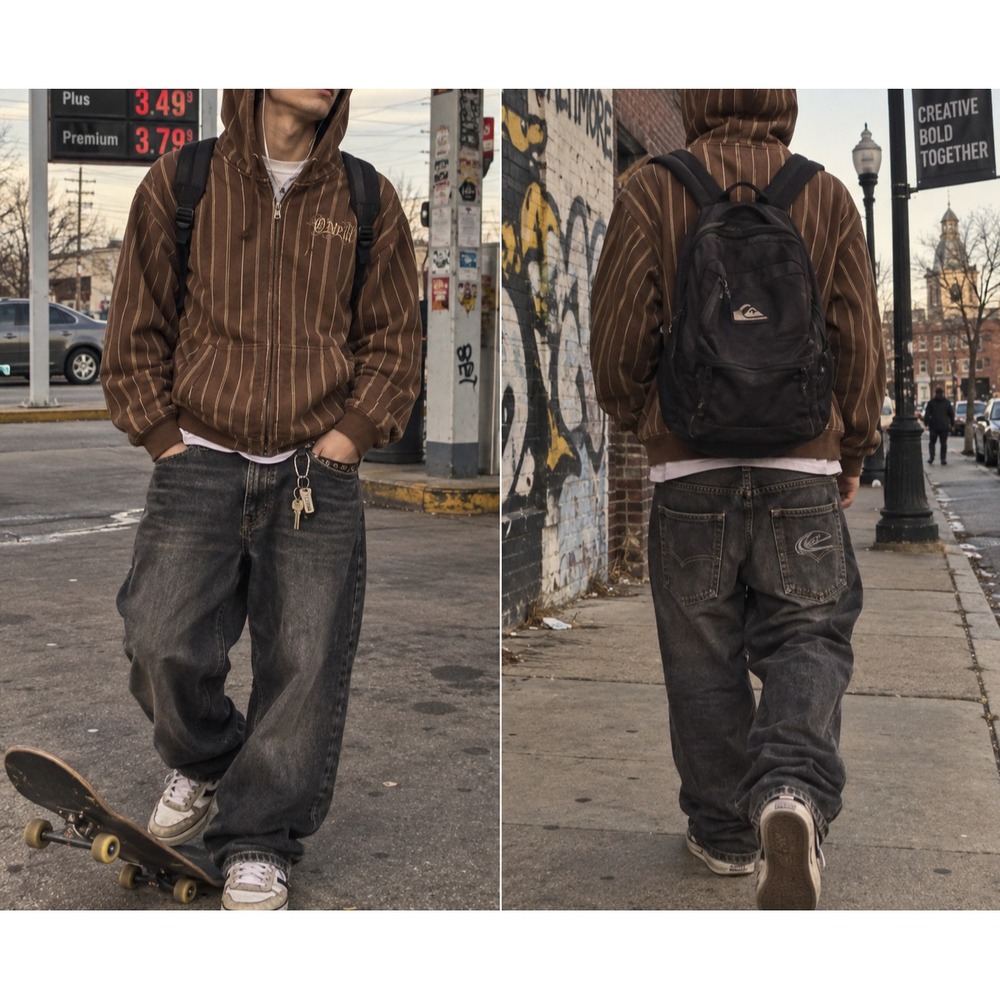 Y2K O'Neill Hoodie Mens Large Brown Striped Full Zip Skate Surf 2000s